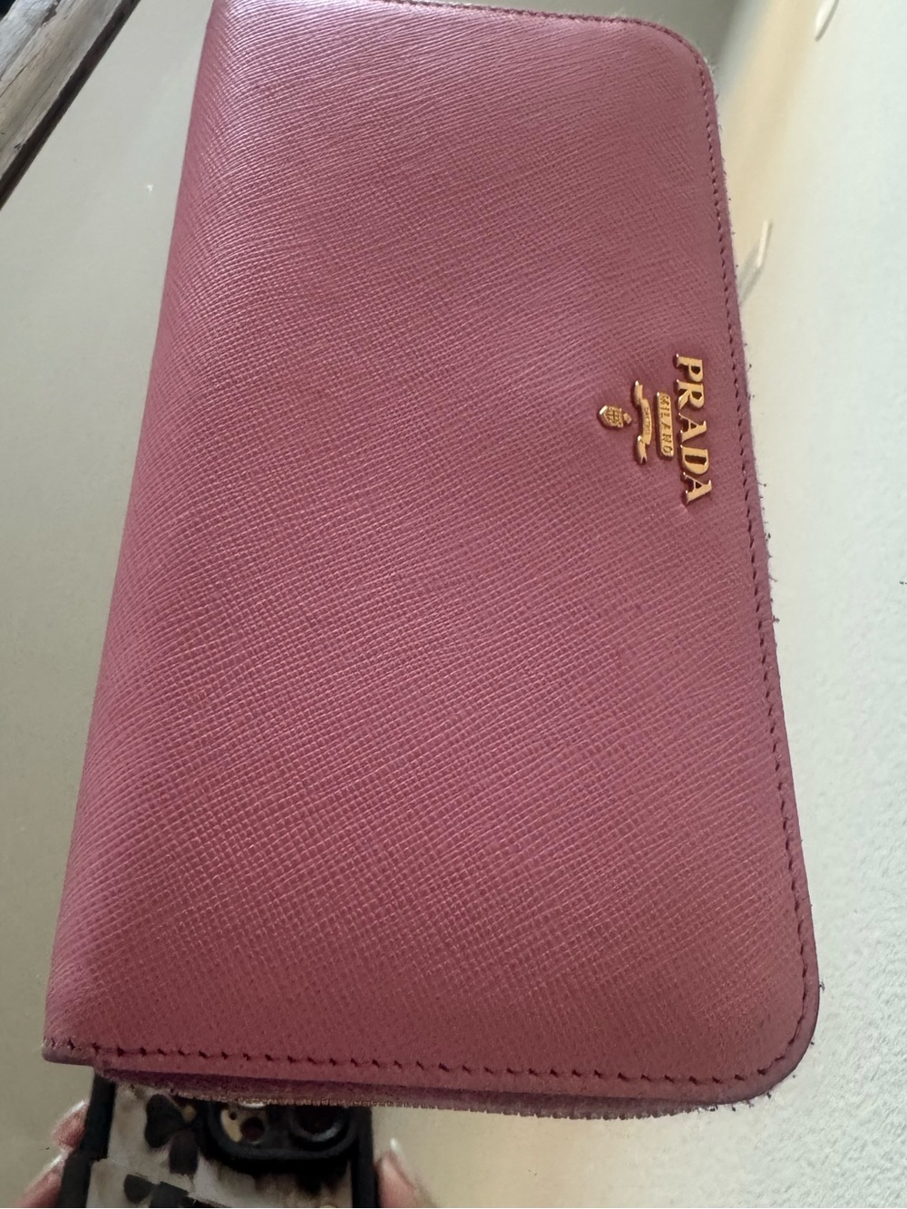 Prada Zip-Around Saffiano Wallet in Rose Pink with Gold Logo